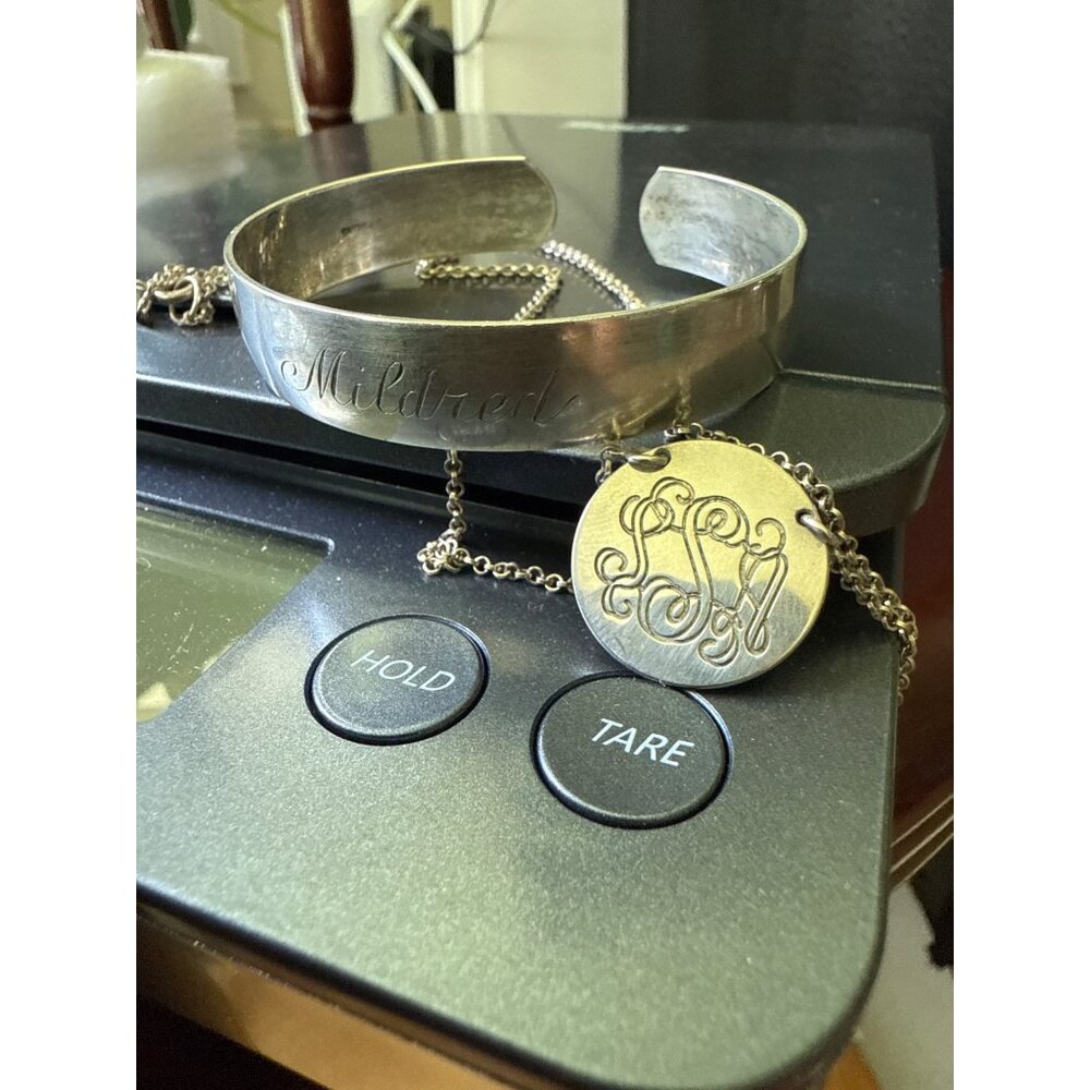Engraved Sterling Silver Cuff Bracelet "Mildred" & Monogram Pendant Necklace